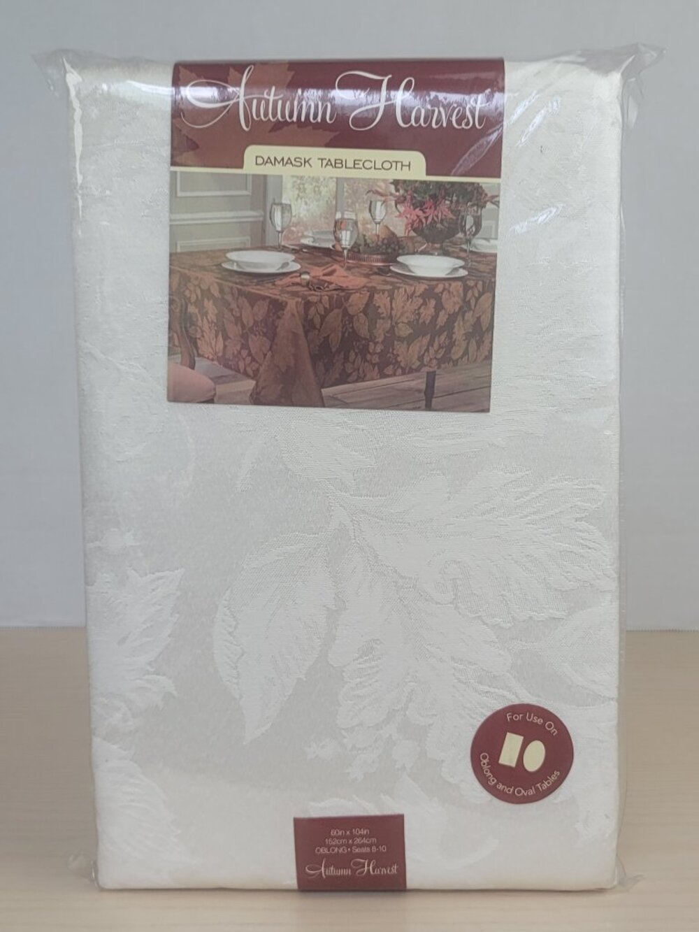 Autumn Harvest Ivory Leaf Pattern Oblong and Oval Damask Tablecloth 60" x 104"